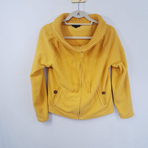 Lands End Womens Zip Up Fleece Jacket Knit Cowl Neck Sz Small Mustard Yellow